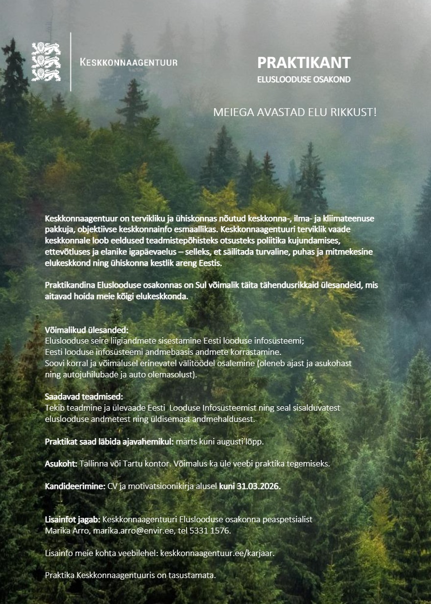 Tööpakkumise PRAKTIKANT (Eluslooduse osakond, looduskaitsetiim) kirjeldus