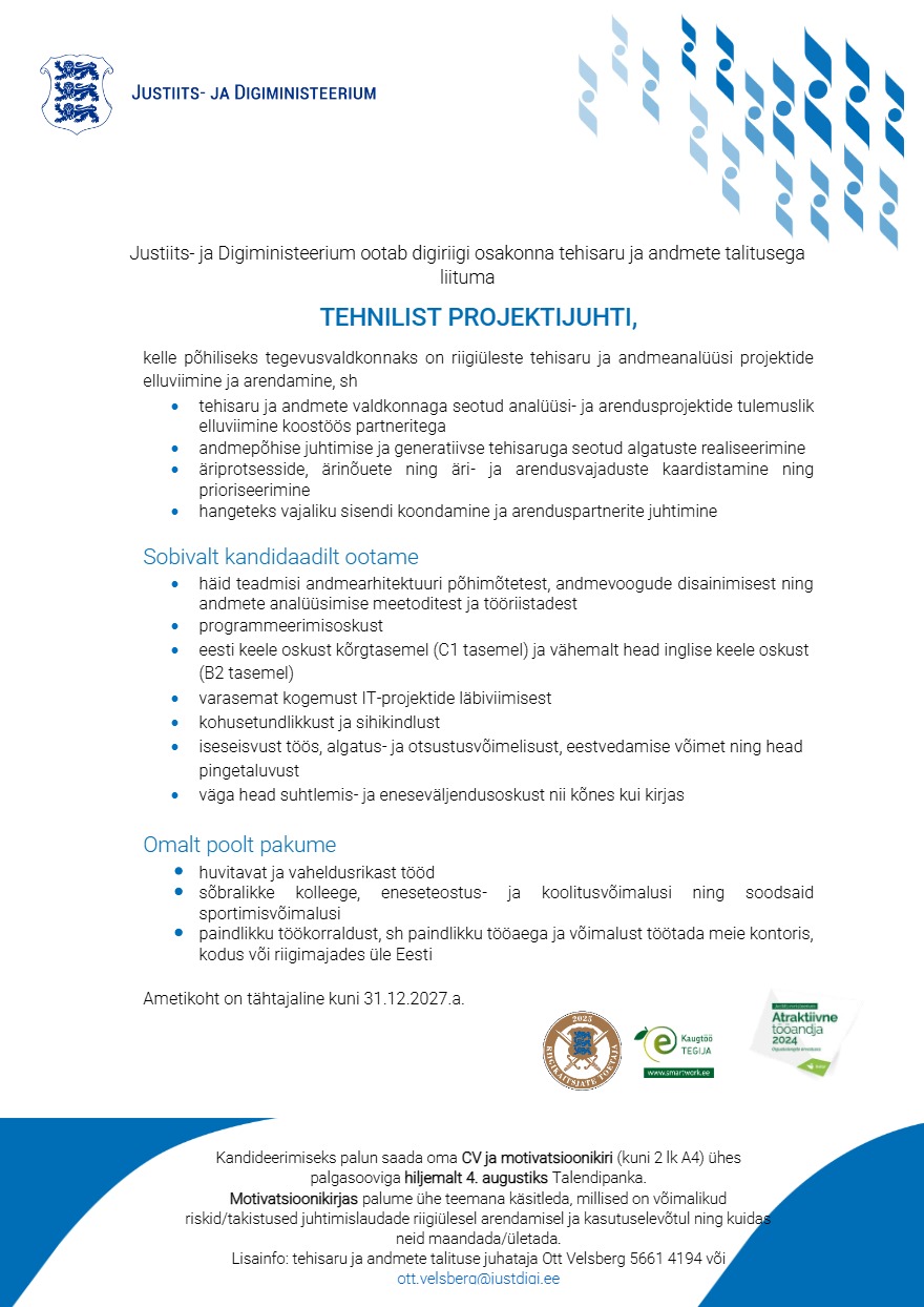 Tööpakkumise Tehniline projektijuht kirjeldus