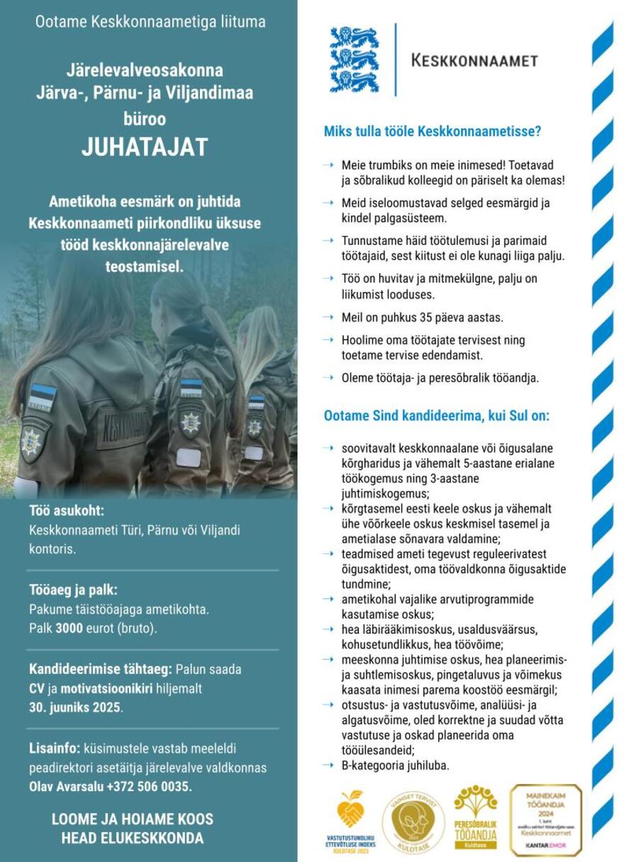 Tööpakkumise Järelevalveosakonna Järva-, Pärnu- ja Viljandimaa büroo juhataja kirjeldus