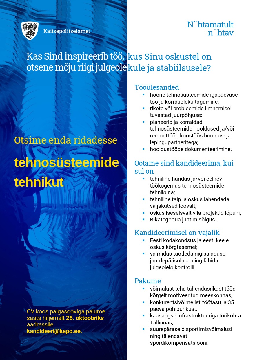 Tööpakkumise Tehnosüsteemide tehnik kirjeldus