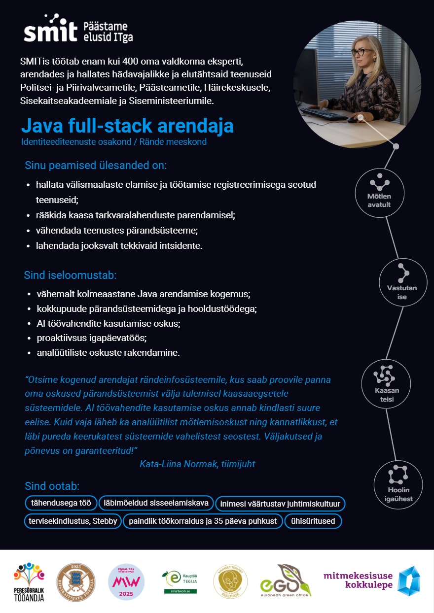 Tööpakkumise Java full-stack arendaja kirjeldus