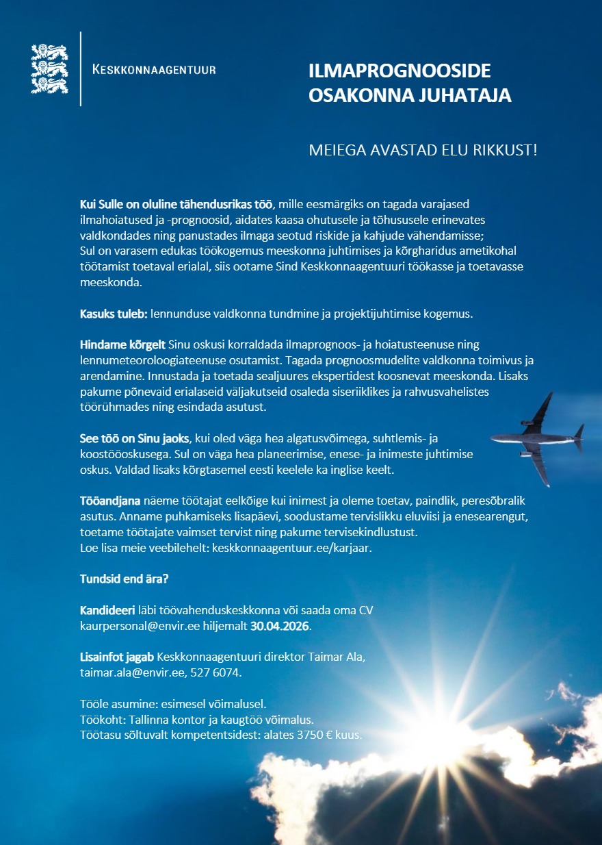 Tööpakkumise ILMAPROGNOOSIDE OSAKONNA JUHATAJA kirjeldus