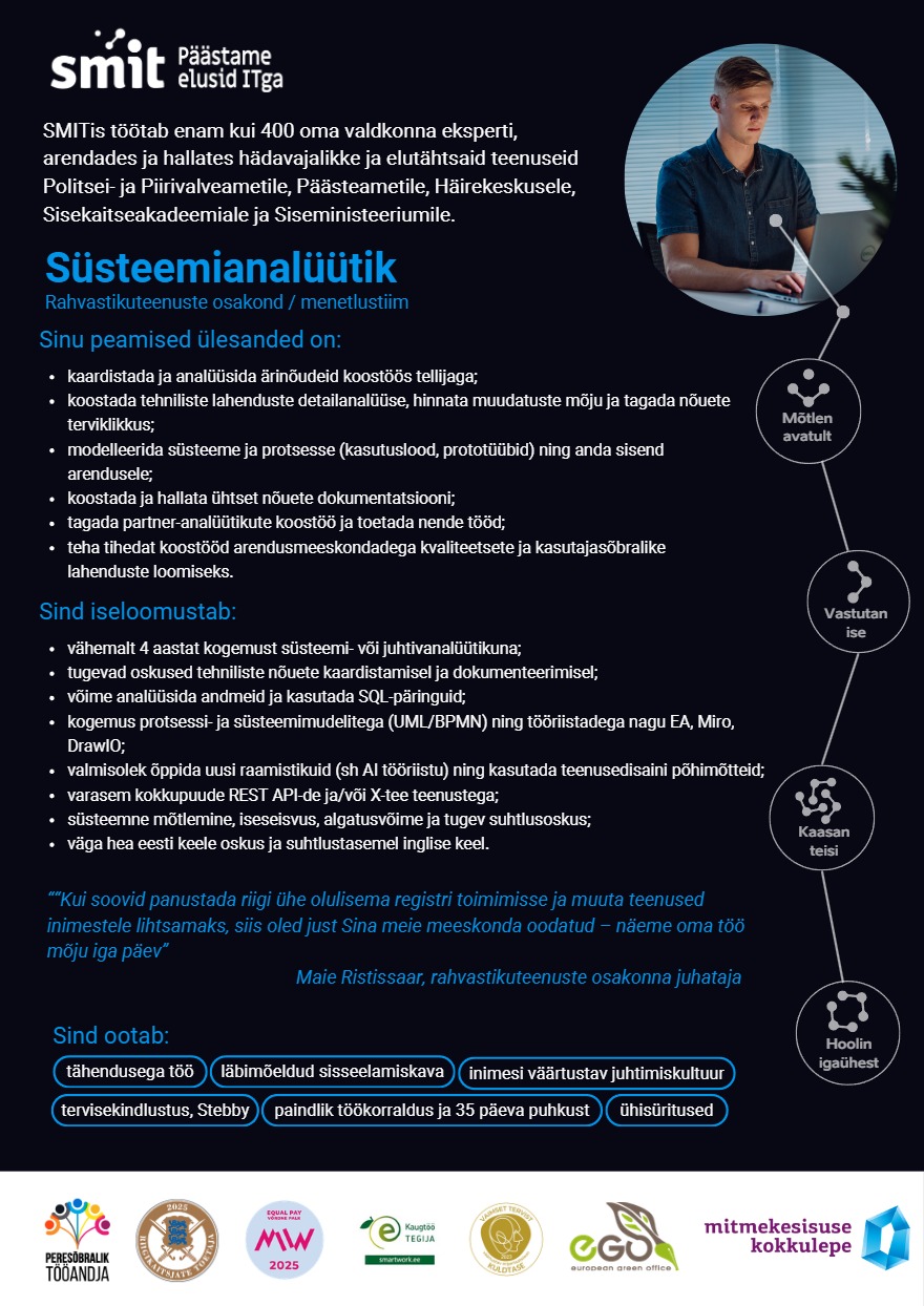 Tööpakkumise Süsteemianalüütik kirjeldus