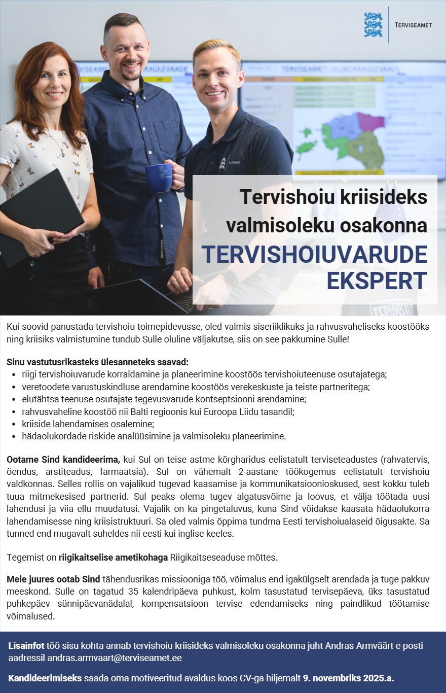 Tööpakkumise Tervishoiuvarude ekspert kirjeldus