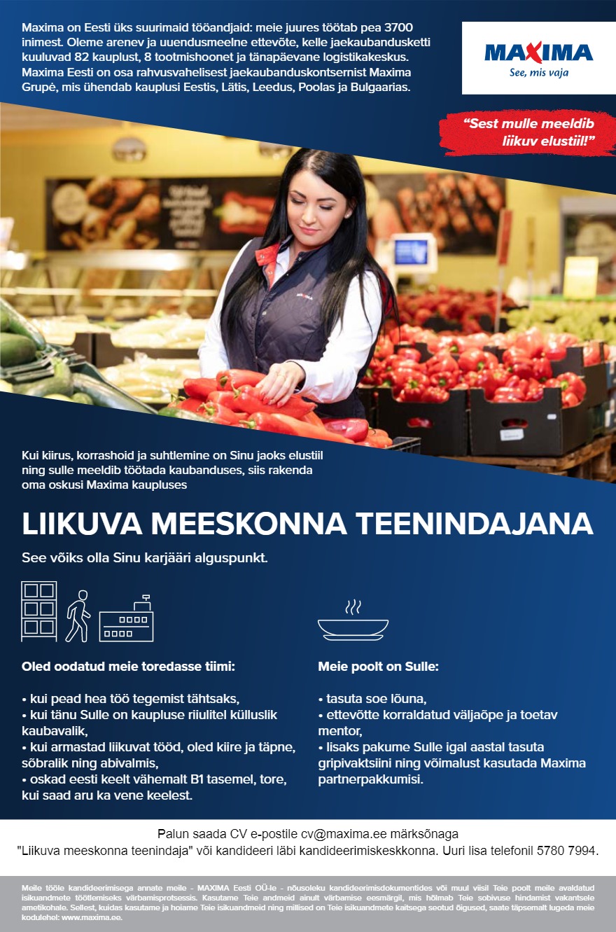 Tööpakkumise Liikuva meeskonna teenindaja üle Tallinna linna! kirjeldus