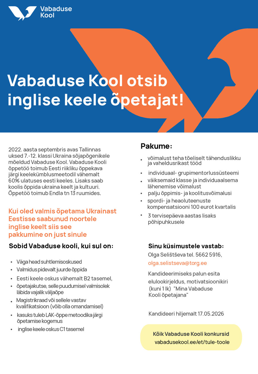 Tööpakkumise Inglise keele õpetaja Vabaduse Koolis kirjeldus