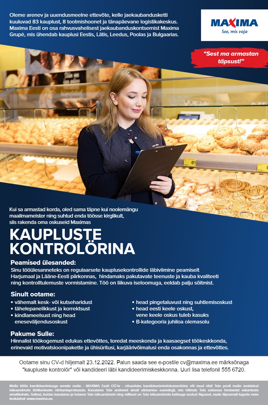 Tööpakkumise Kaupluste kontrolör (Harjumaa ja Lääne-Eesti) kirjeldus
