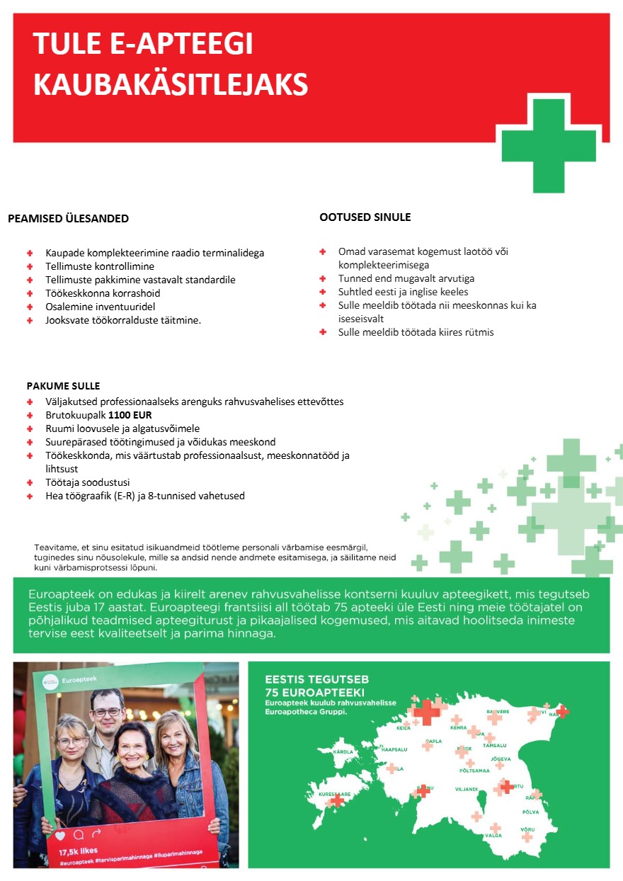 Tööpakkumise E-apteegi kaubakäsitleja kirjeldus
