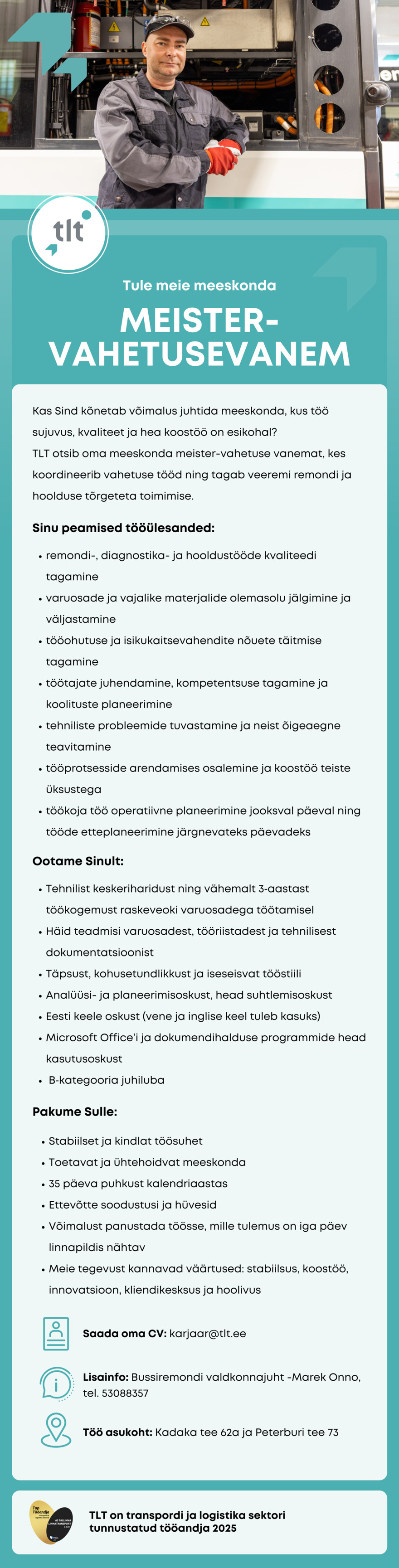 Tööpakkumise MEISTER-VAHETUSEVANEM kirjeldus