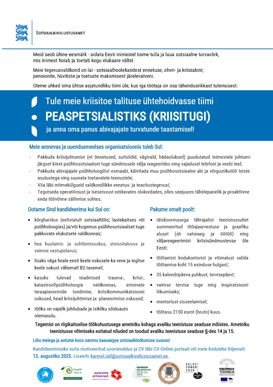 Tööpakkumise Peaspetsialist (kriisitugi) kirjeldus