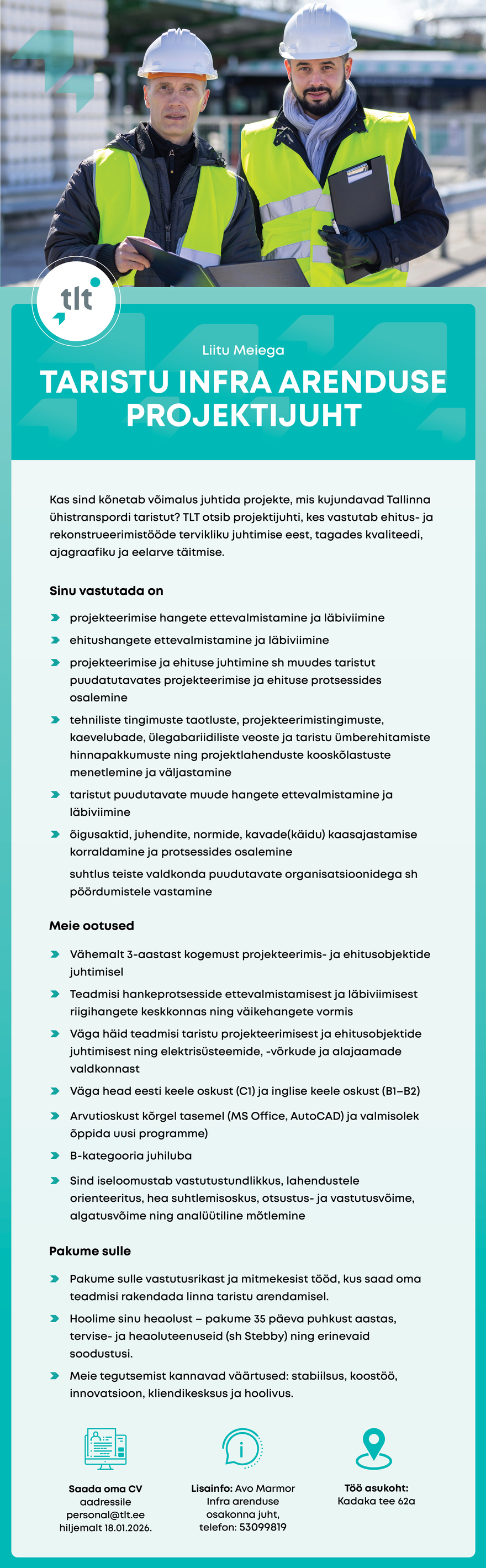 Tööpakkumise Taristu Infra arenduse projektijuht kirjeldus