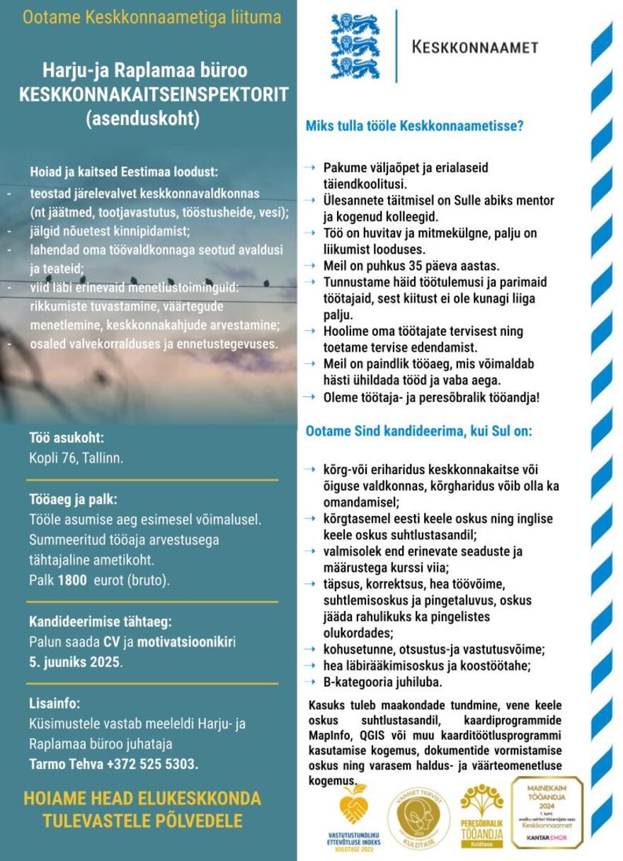 Tööpakkumise Keskkonnakaitseinspektor kirjeldus