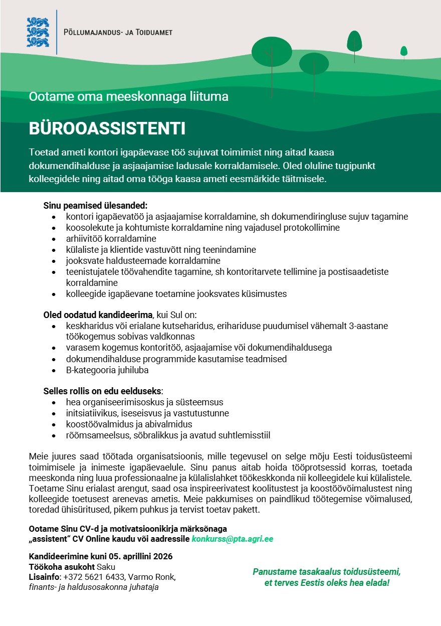 Tööpakkumise Bürooassistent kirjeldus