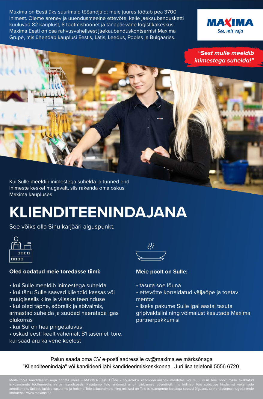 Tööpakkumise Kassapidaja-müüja Viljandi Maximas (Tallinna mnt 60) kirjeldus