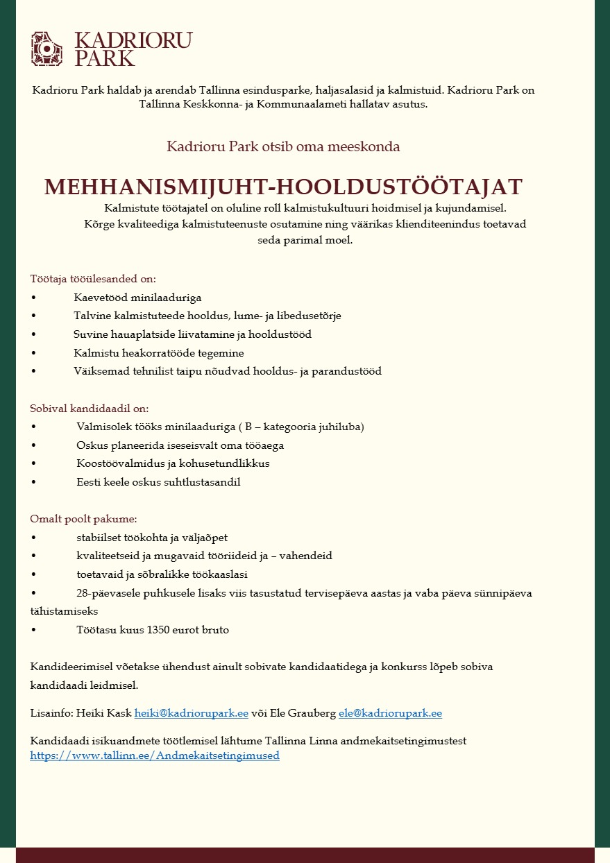 Tööpakkumise Mehhanismisjuht-hooldustöötaja kirjeldus