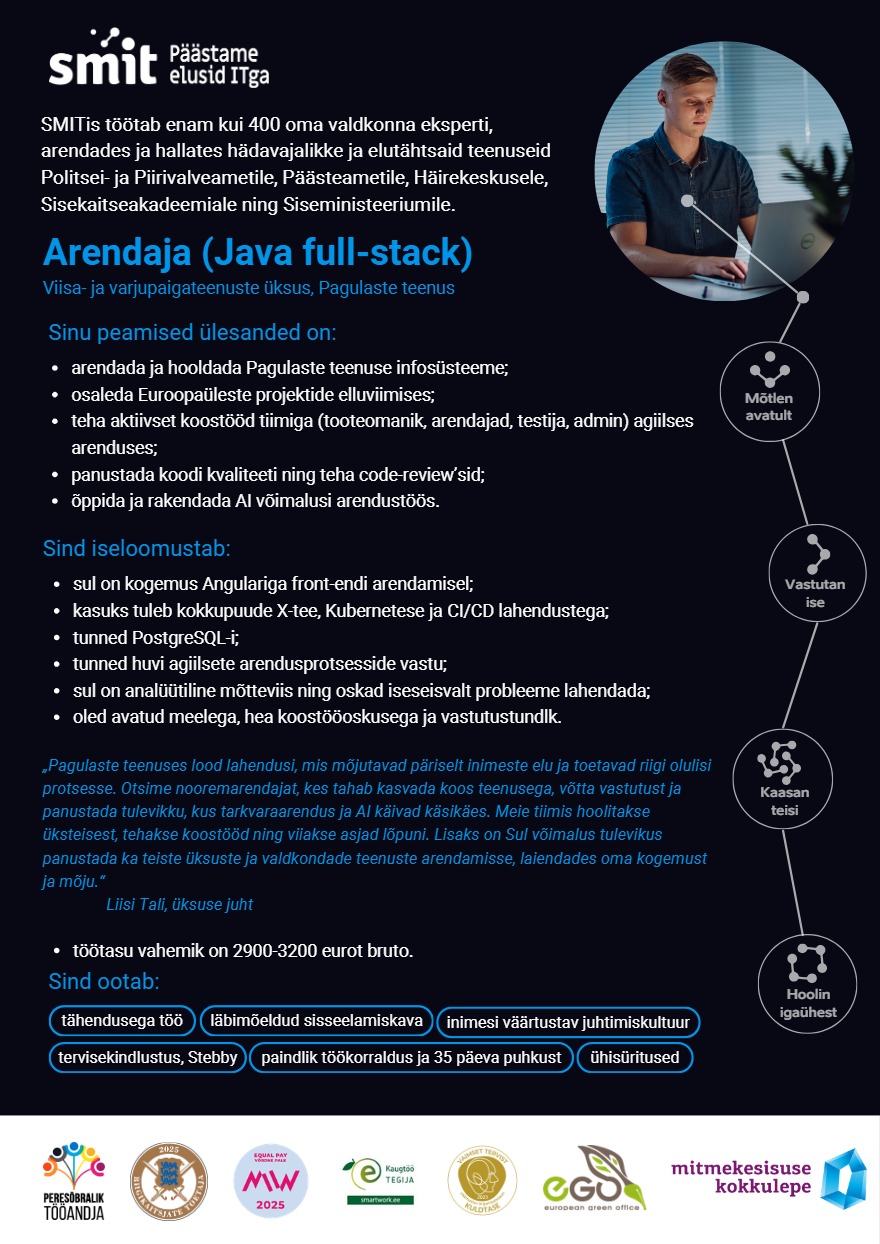 Tööpakkumise Java Full Stack Arendaja kirjeldus