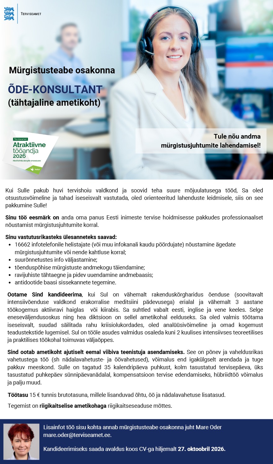 Tööpakkumise Mürgistusteabe õde-konsultant kirjeldus