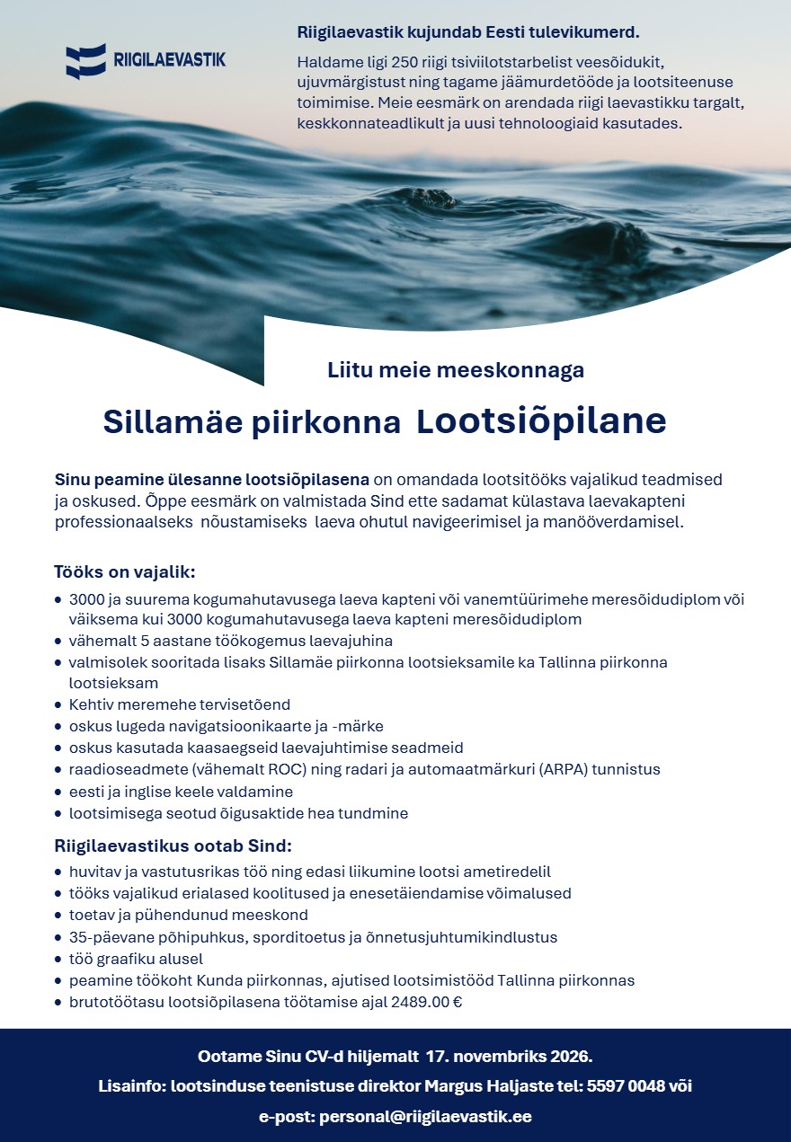 Tööpakkumise Sillamäe piirkonna lootsiõpilane kirjeldus