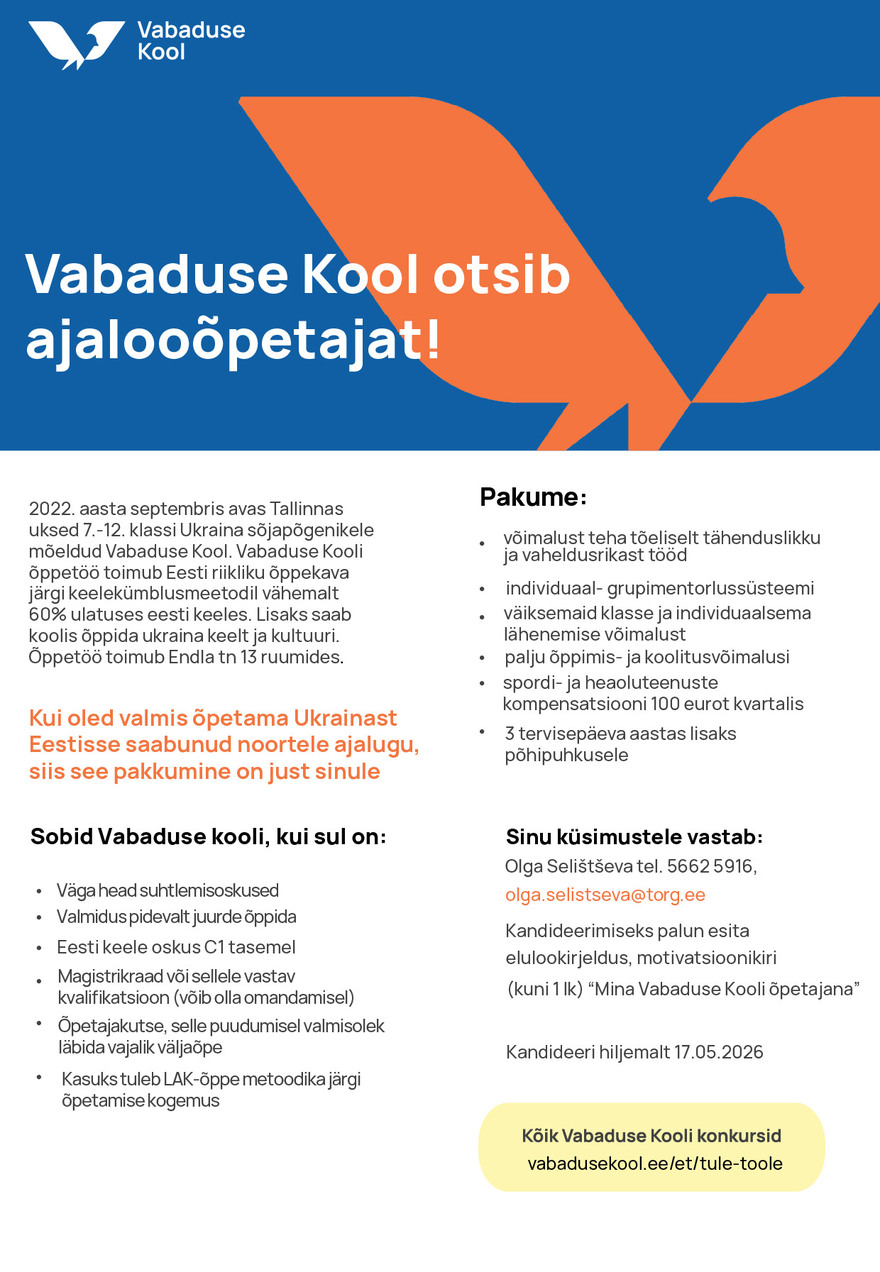 Tööpakkumise Ajalooõpetaja kirjeldus