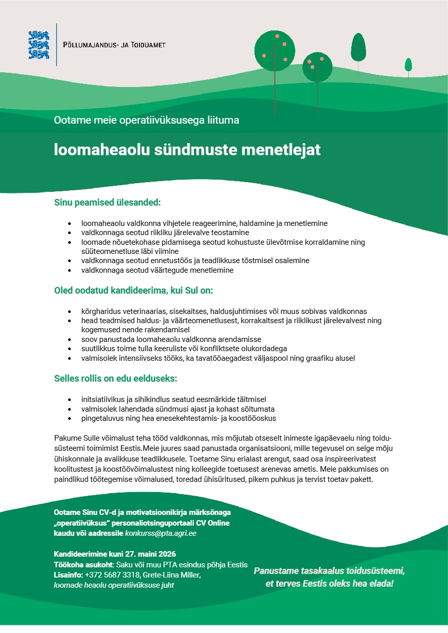 Tööpakkumise Loomade heaolu operatiivüksuse menetleja kirjeldus