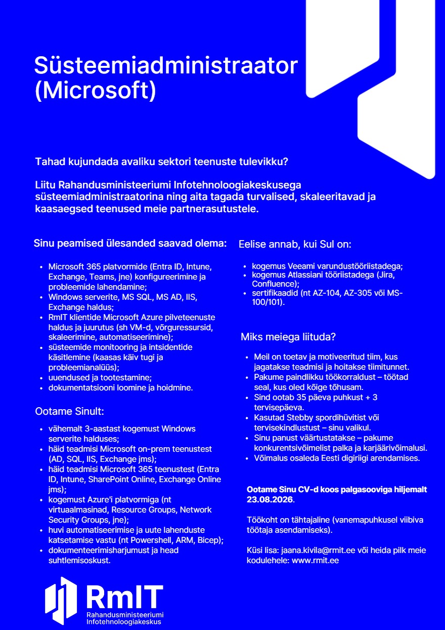 Tööpakkumise Süsteemiadministraator (Microsoft) kirjeldus
