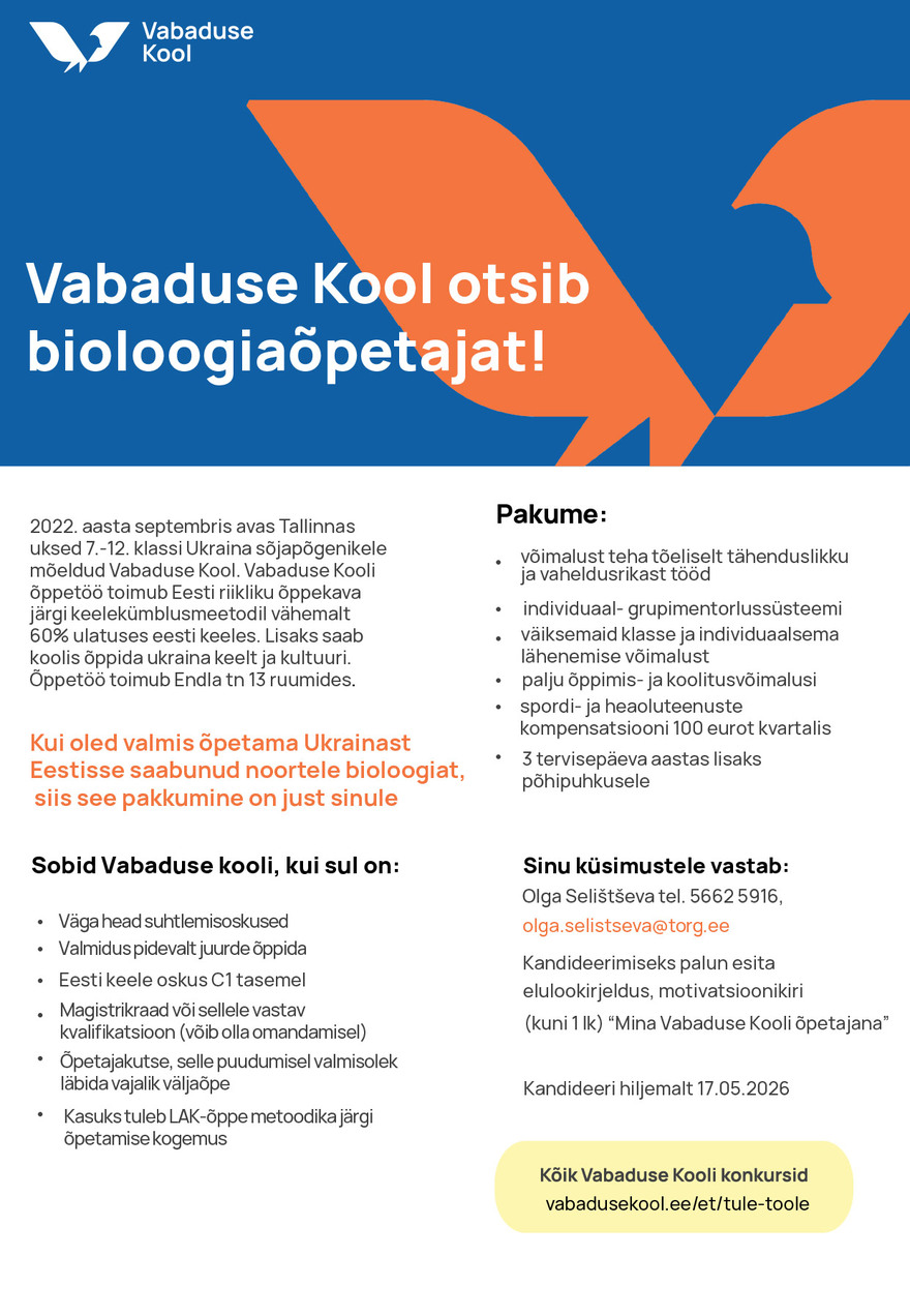 Tööpakkumise Bioloogiaõpetaja Vabaduse Koolis kirjeldus