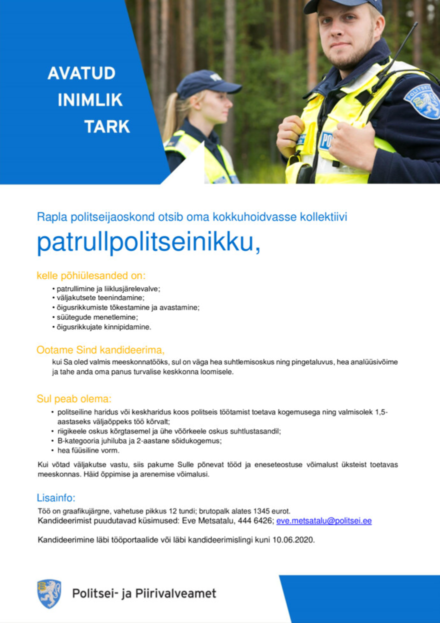 Tööpakkumise patrullpolitseinik kirjeldus