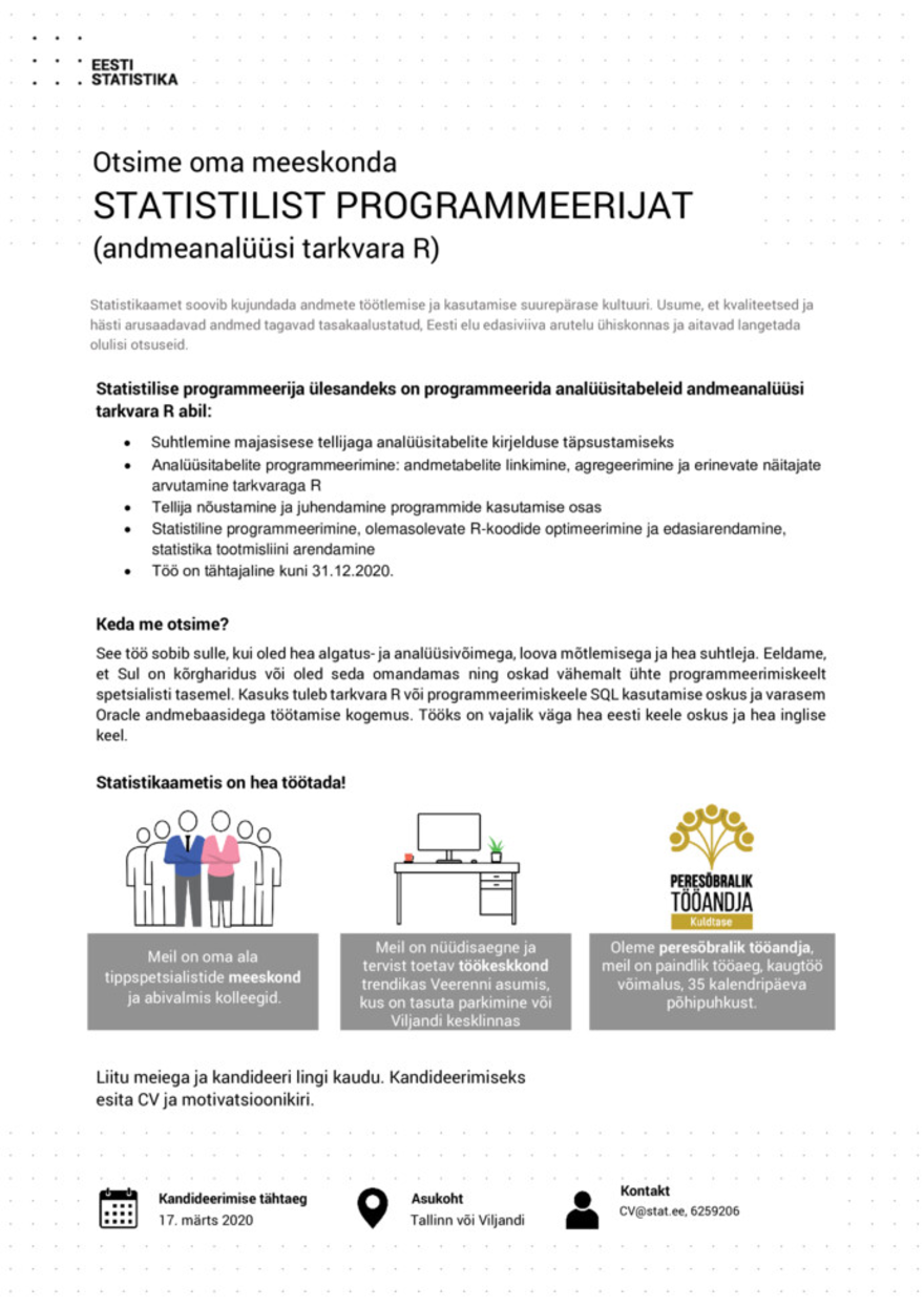 Tööpakkumise Statistiline programmeerija (R spetsialist) kirjeldus