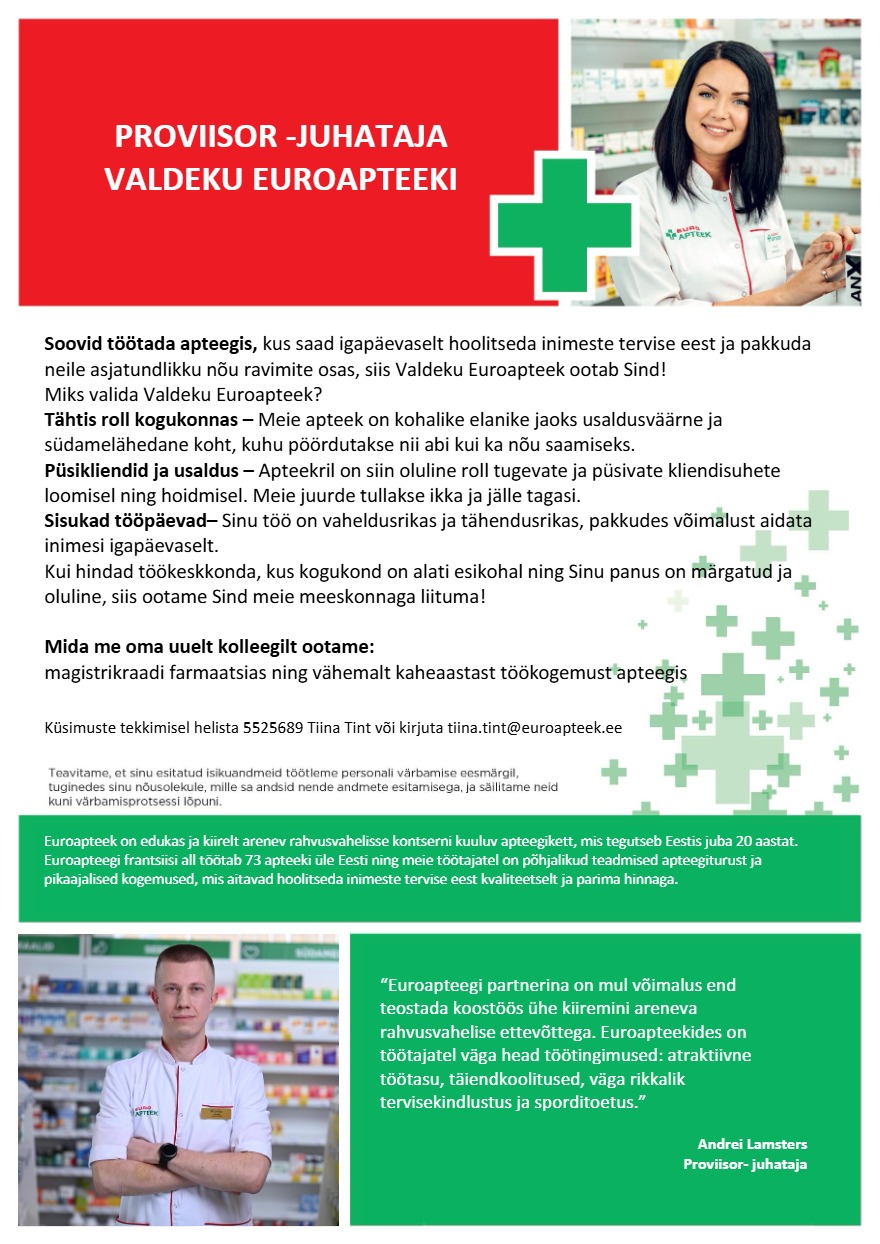 Tööpakkumise Proviisor-juhataja Valdeku Euroapteeki kirjeldus