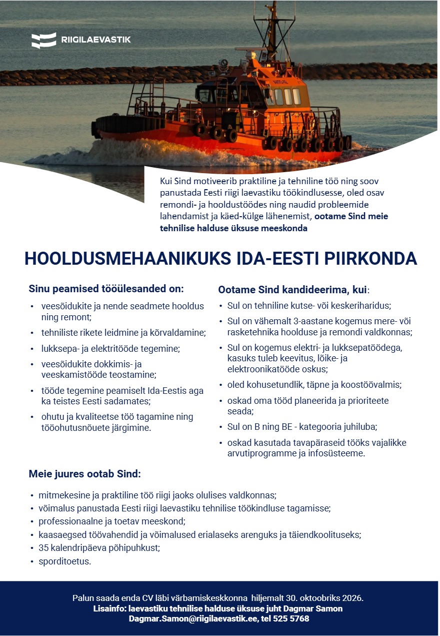 Tööpakkumise Hooldusmehaanik Ida-Eesti piirkond kirjeldus