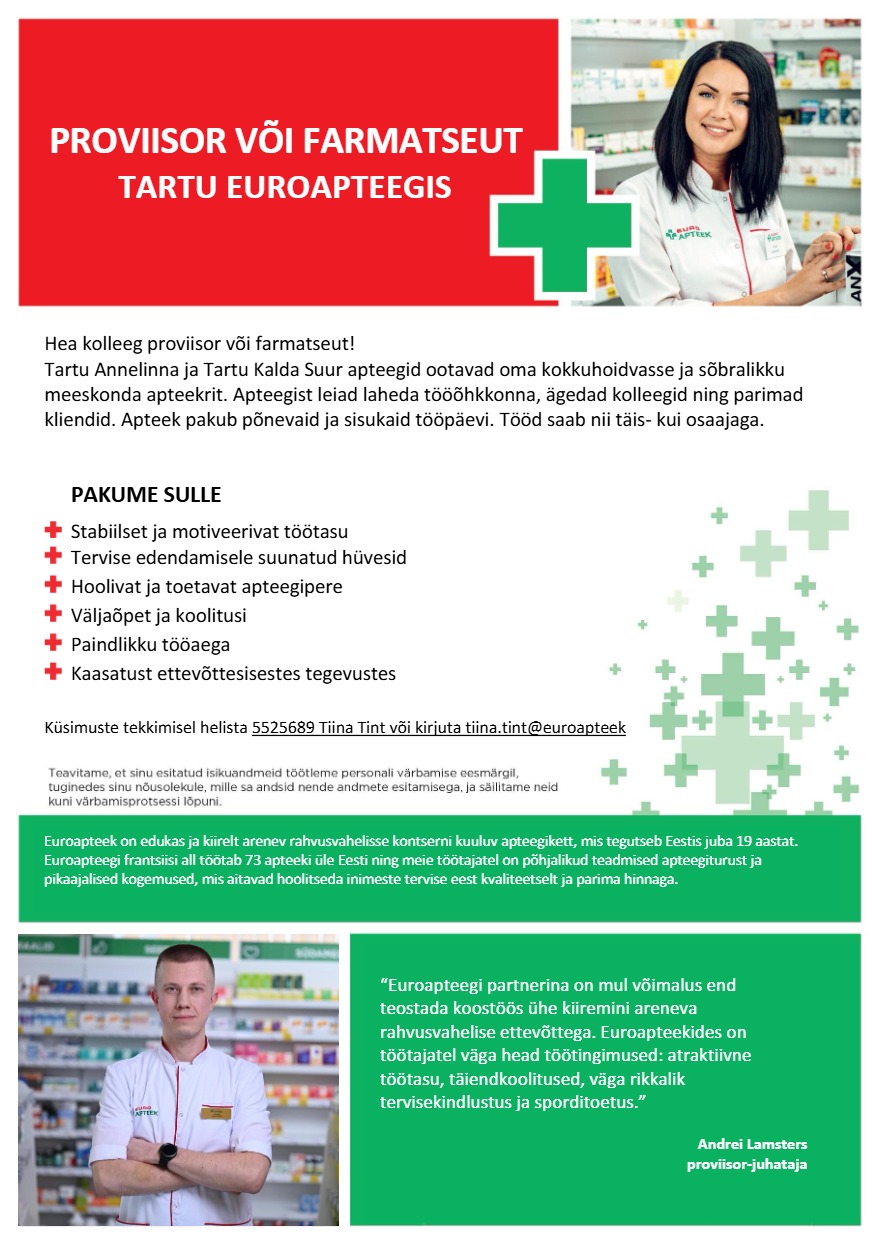 Tööpakkumise Proviisor või farmatseut Tartu Euroapteeki kirjeldus