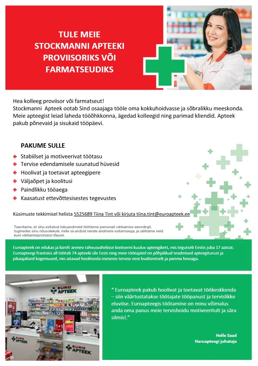 Tööpakkumise Proviisor või farmatseut Stockmanni Apteeki kirjeldus