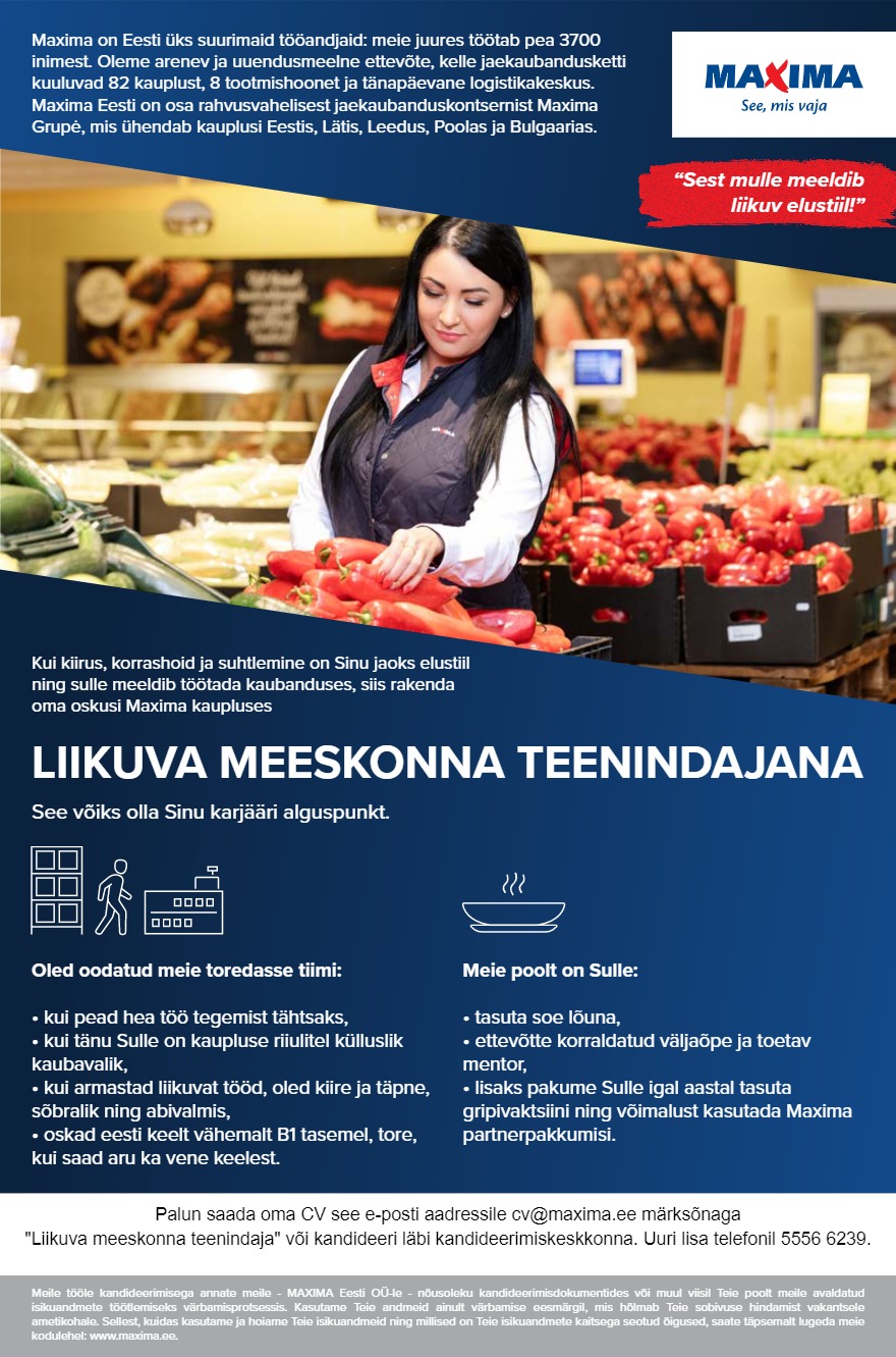 Tööpakkumise Liikuva meeskonna teenindaja üle Tallinna linna! kirjeldus