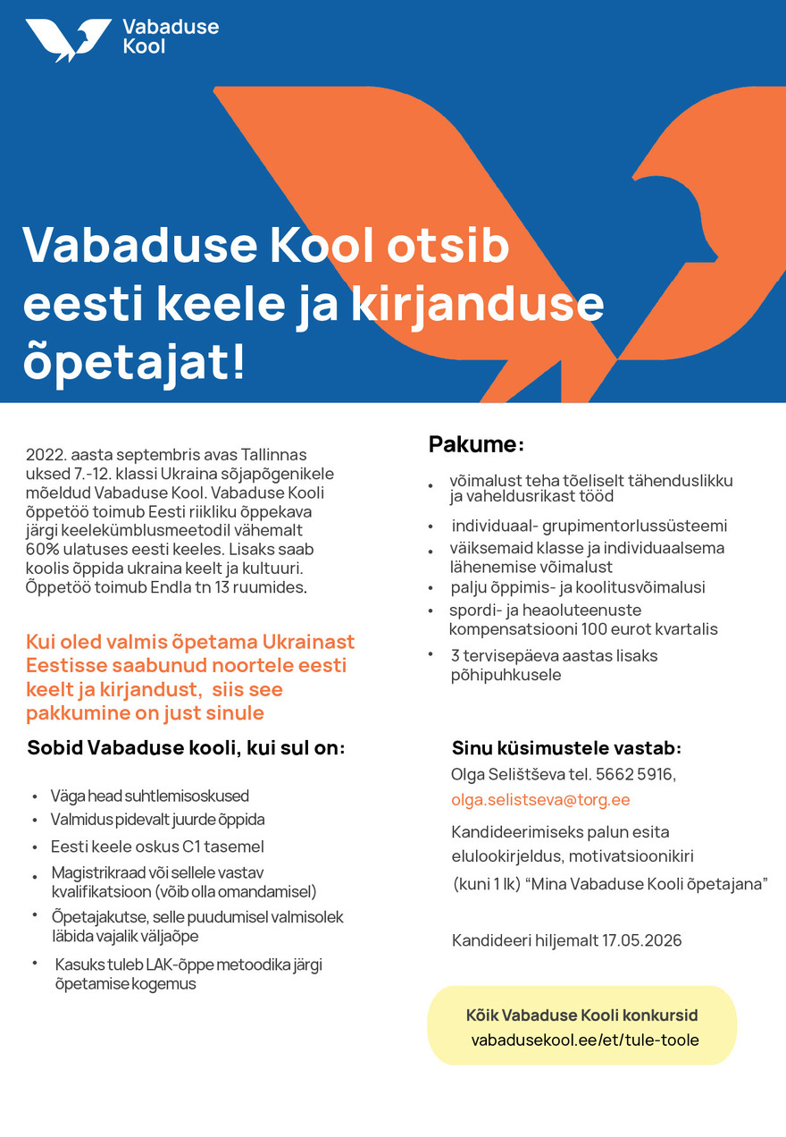 Tööpakkumise Eesti keele ja kirjanduse õpetaja Vabaduse Koolis kirjeldus