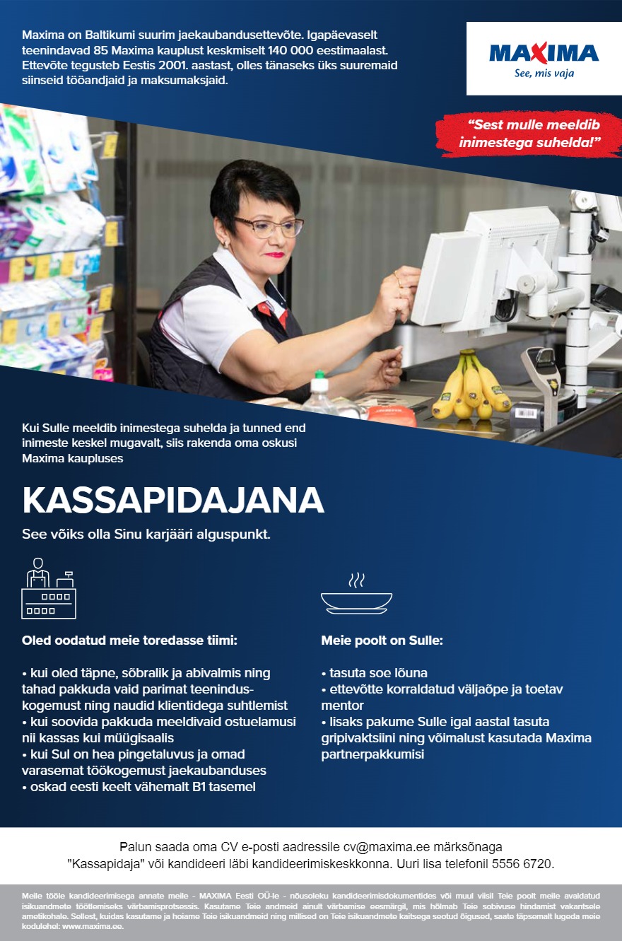 Tööpakkumise Kassapidaja-müüja Pärnu Maximas (Riia mnt 131) kirjeldus