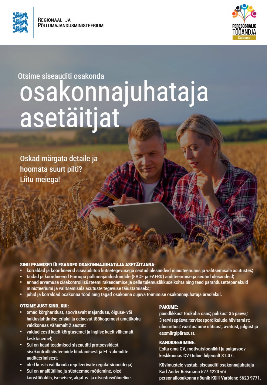 Tööpakkumise SISEAUDITI OSAKONNA JUHATAJA ASETÄITJA kirjeldus