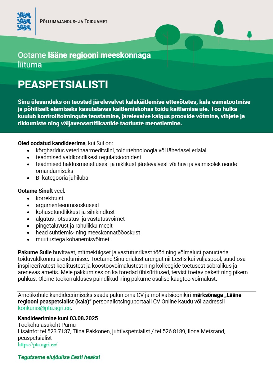 Tööpakkumise Peaspetsialist (kala valdkond) kirjeldus