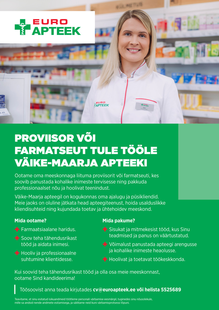 Tööpakkumise Väike-Maarja apteegi proviisor/farmatseut kirjeldus