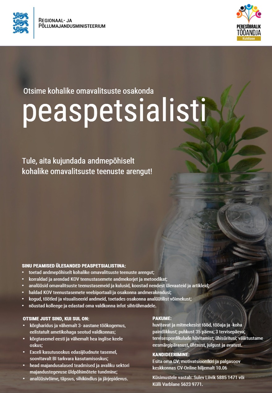 Tööpakkumise KOHALIKE OMAVALITSUSTE OSAKONNA PEASPETSIALIST kirjeldus