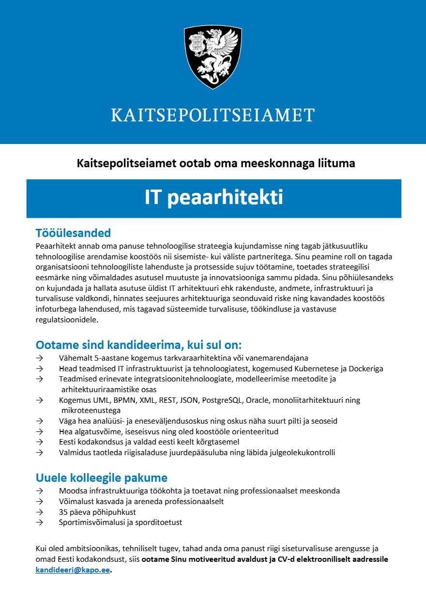 Tööpakkumise IT peaarhitekt kirjeldus