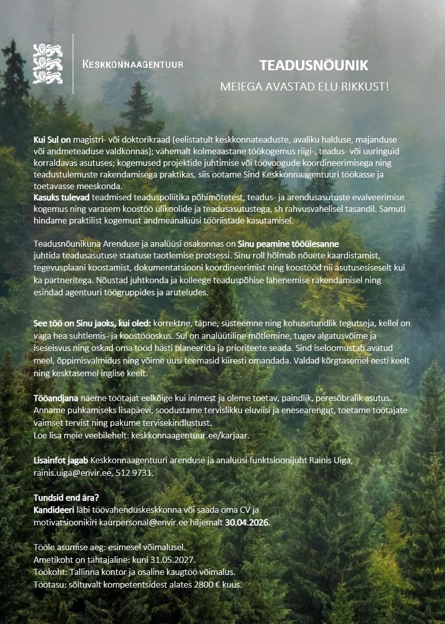 Tööpakkumise TEADUSNÕUNIK kirjeldus